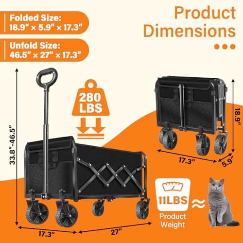 Wagons Carts Foldable, Collapsible Wagon, Folding Wagon Cart with Wheels, Wagons Carts Foldable 280 Lbs - Lightweight Portable Small Fold Up for Camping, Travel, Sports, Grocery, Shopping, Black - Thumbnail 4