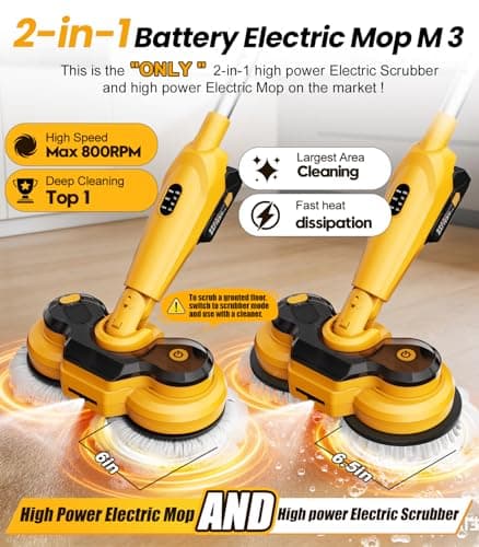 qimedo 6000mAh Battery Cordless Electric Mop M3 Pro, 800RPM Electric Power Scrubber & Mops for Floor Cleaning, Automatic Spin Mops with Smart Display,Rotating Mop with LED Light & Water Spray - Thumbnail 2
