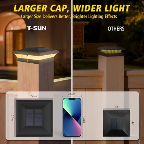 T-SUN Solar Post Cap Lights 6 Pack for 4x4 Vinyl Wooden Posts, Waterproof Outdoor Warm & Cool White(3000K/6000K) Solar Powered for Deck Garden Patio Lighting - Thumbnail 3