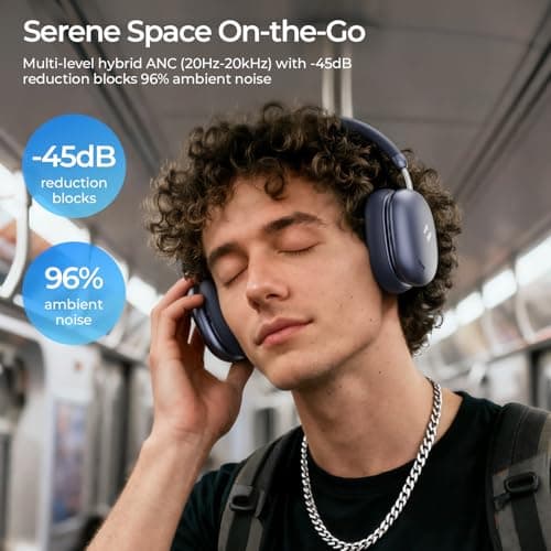 havit Space S1 Hybrid Adaptive Active Noise Cancelling Headphones Wireless, Over Ear Headphones, Bluetooth 6.0, 100H Playtime, LHDC Hi-Res Sound, Custom EQ via App, Travel, Office, Home, Blue - Thumbnail 3
