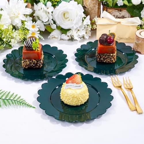 LIYH 200 Pcs Dark Green Dessert Plates - Disposable Cake Plates with Gold Forks, Gold Dessert Forks 5", Plastic Cake Plate 7.5" for Holiday Party - Thumbnail 5