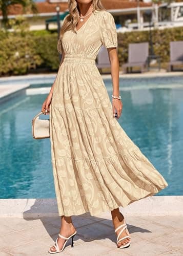 KIRUNDO Summer Dresses for Women 2026 Boho Flowy Casual Short Sleeve V Neck Elastic Waist Floral Long Baby Shower Maxi Dress(Apricot, Small) - Thumbnail 3