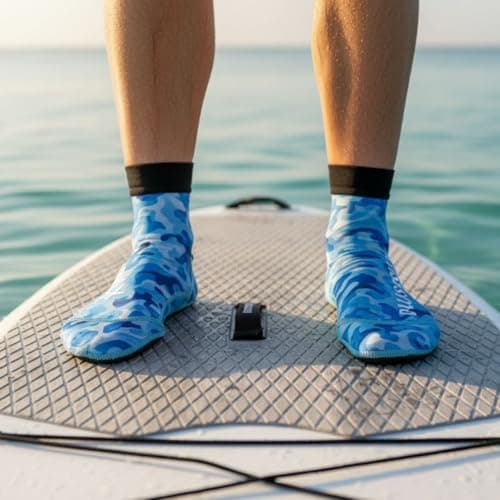 PLUSHSOX Sand Proof Beach Sport Socks with Kevlar Grip for Women Men - Ankle-Length Socks for Volleyball, Soccer, Paddleboarding, All-Day Comfort & Tournament Play, Blue Camouflage, L - Thumbnail 2