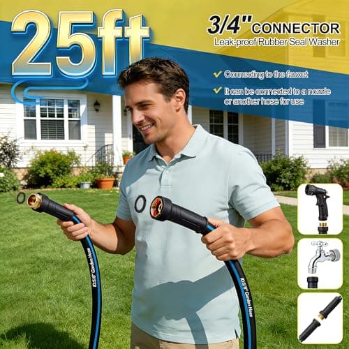 Heavy Duty 5/8 in x 25FT Non-Expandable Garden Hose, Lightweight Rubber Hybrid Water Hose, Kink Resistant Flexible & Durable, Leak-Free 3/4" Brass Male to Female Fittings for Lawn Patio - Thumbnail 5