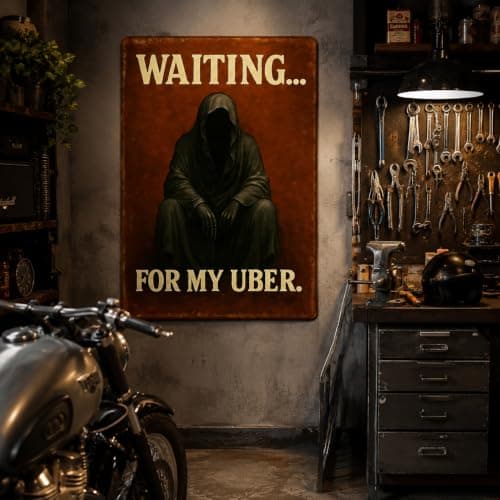 Gothic Decor Retro Metal Tin Sign Waiting for My UBER Grim Reaper Horror Wall Decor, Skull Decor Halloween Decorations for Home Bar Pub Garage, Witchy Decor Book Shelf Dark Academia 8x12 Inch - Thumbnail 5