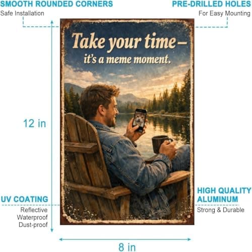Take Your Time Its a Meme Moment Vintage Metal Tin Sign 8x12 Inch Funny Relax Quote Wall Decor Rustic Retro Humor Plaque for Office Home Cabin Man Cave with Pre Drilled Holes - Thumbnail 5