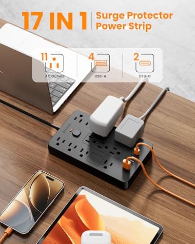 Bawmwim Surge Protector Power Strip - 11 Outlets(1850W/15A) with 6 USB Ports(2 USB C), 6FT Flat Plug Extension Cord, Wall Mount, Black, ETL Listed for Home, Dorm Room - Thumbnail 2