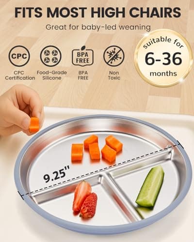 MIMORE Stainless Steel Kids Plates - 3 Pack 9.25" Stainless Steel Baby Plates with Suction - Non Toxic & BPA Free - Thumbnail 3