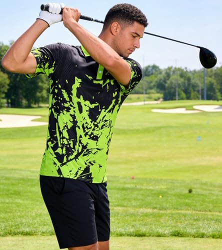 uideazone Mens Polo Shirt Slim Fit Fluorescent Green Black Golf Shirts Moisture Wicking Polos Summer Golf Short Sleeve M - Thumbnail 2