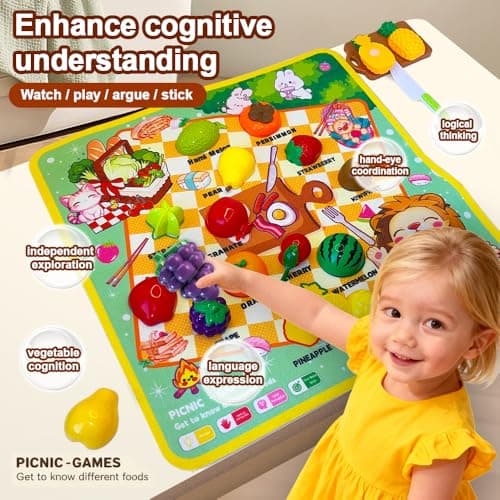 Zymari Pretend Play Food for Kids Kitchen with Pattern-Matching Felt Board, Cutting Toy Food with Storage Bag, Fake Fruit Learning Toys for Toddlers Boys Girls,Gift for Children Birthday (Fruits) - Thumbnail 4