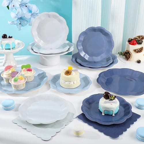 NatNarr Blue Plates and Napkins, Gradient Blue Baby Shower Decorations Include 7" & 9" Scalloped Dusty Blues Dessert Plates, Napkins for Wedding, Baby Bridal Shower, Birthday - Thumbnail 3