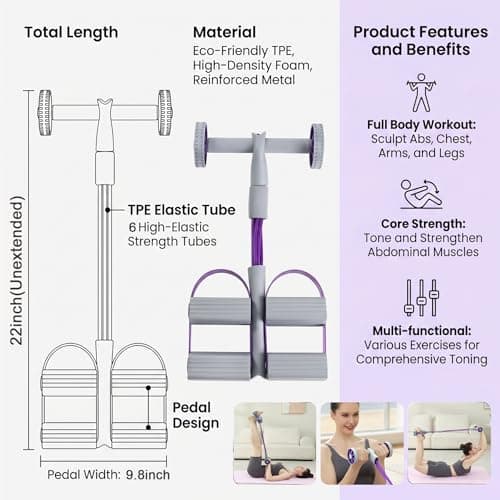 Pedal Resistance Bands with Handles,Soft Puller Exercise with Thickened 6 Tension Ropes,Tube Pedal Resistance Device for Abdomen Waist Arm Leg Core/ABS Yoga Pedal Puller Resistance Band (Purple) - Thumbnail 5