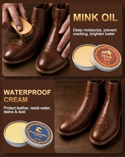 Jevvu 10PCS Leather Care Kit, Saddle Soap, Mink Oil & Waterproof Wax, Shoe Shine Kit for Boots, Leather Shoes & Cowboy Boots, Boot Cleaning Kit with Horsehair Brushes, Polish Cloths & Towel, Gift Set - Thumbnail 3