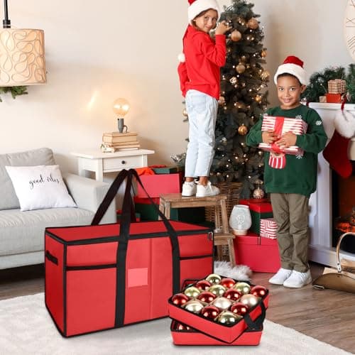 Christmas Ornament Storage Box with Dividers, Christmas Balls Storage Containers with Zipper & 8 Removable Trays, Holds Up to 128 Balls - 600D Oxford Christmas Decoration Storage Organizer (Red) - Thumbnail 2