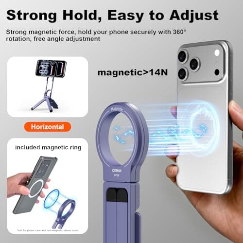 COMAN DP58 Magnetic Phone Tripod, Aluminum MagSafe Tripod Stand with Carabiner, Mini Portable Travel Pocket Stand for iPhone & Non-Magnetic Phones with Included Ring - Thumbnail 6
