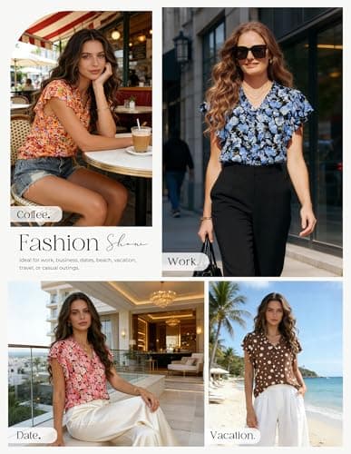 GRACE KARIN 2026 Boho Tops for Women Dressy Casual,Ruffle Sleeve Chiffon Blouses,V Neck Summer Fashion Clothes Chestnut XL - Thumbnail 2