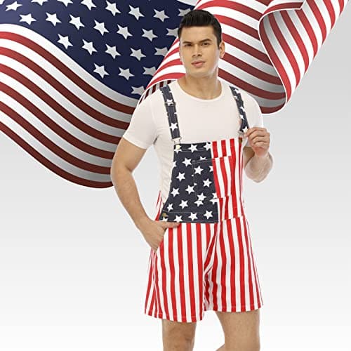 Jumpfolia Unisex Patriotic American Flag Print Denim Bib Overall Shorts Jeans - Mens & Womens One Piece Jumpsuit (F04-3XL - Thumbnail 2
