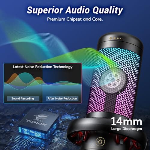 TONOR Gaming Microphone Set with Boom Arm, Vocal Condenser Microphone for PC with Stand, USB Mic with controllable RGB Light, One Tap Mute, Volume Control, for Discord, Twitch Streaming, TC310+ - Thumbnail 2