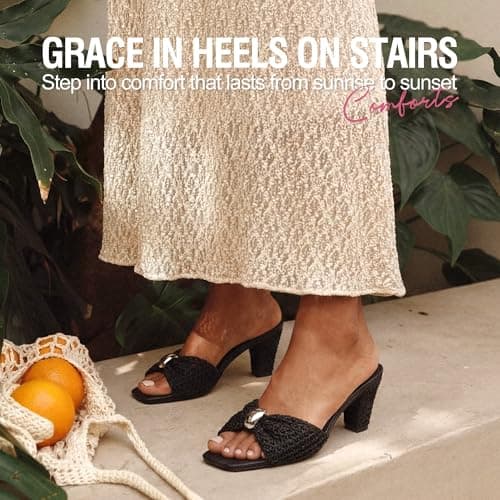 Vepose Women's Woven Ring Charm Mule Heels Square Open Toe Sandals - Thumbnail 5