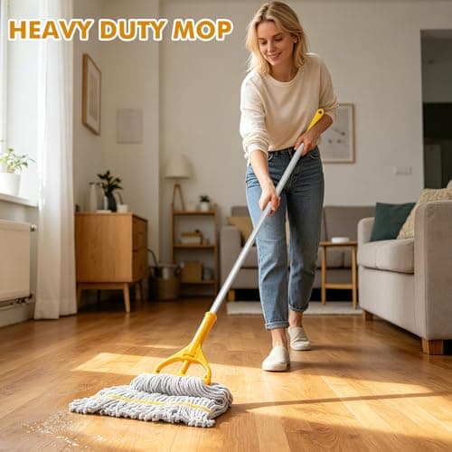 Commercial Mop Heavy Duty Industrial Mop- 3 Extra Large Cotton Looped Heads, 61" Aluminum Handle Mops for Concrete/Tile/Garage Floors-Home, Kitchen - Thumbnail 2