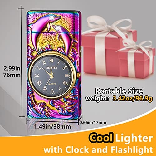 RSBYE Watch Lighter, Electric Dual Arc Plasma Lighter with Clock, Flashlight and USB Rechargeable Battery for Candles, Incense, Camping, Gift for Women and Men (Dolphin Mutil) - Thumbnail 5