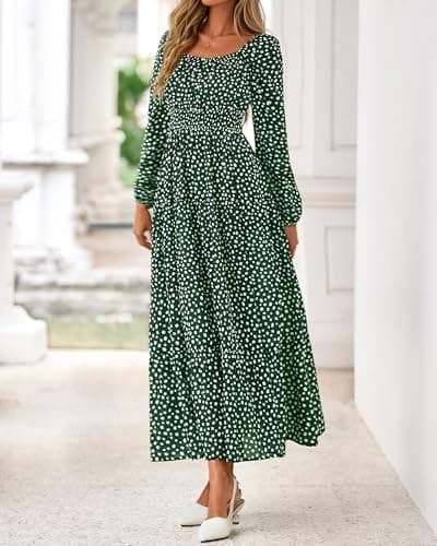 BTFBM Long Sleeve Dress for Women 2026 Spring Fall Boho Floral Square Neck Casual Flowy Long Wedding Guest Maxi Dresses(Polka Dot Green, Large) - Thumbnail 5