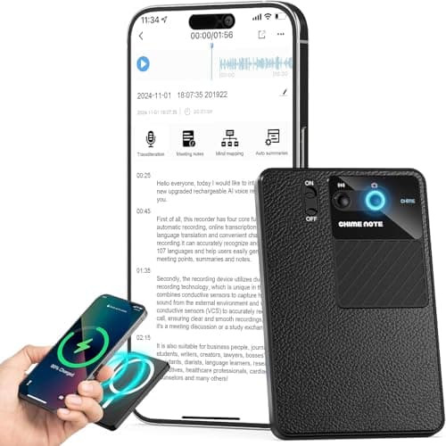 AI Voice Recorder, Unlimited Transcription Summarization, Magnetic Protective Case, App Control, 107 Languages Support, Ideal for Meetings, Lectures, Calls and Interviews (Leather)