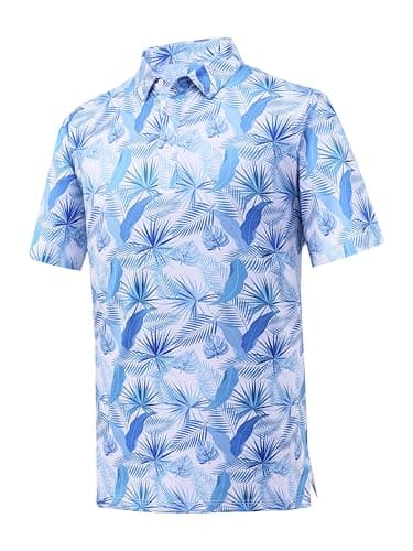 Bnosio Men's Golf Polo Shirts Short Sleeve Moisture Wicking Hawaiian Tropical Polos Performance Golf Shirts Dry Fit Blue Leaf Size S - Image 1