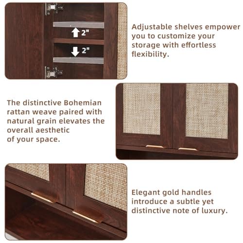 LEYAOYAO Rattan Bathroom Wall Cabinet, Boho Medicine Cabinet with Adjustable Shelf & Doors, Over The Toilet Storage Cabinets Organizer for Laundry Room, Kitchen, Living Room, Walnut - Thumbnail 3