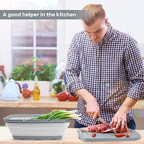 Gintan Camping Cutting Board, 9-in-1 Collapsible Chopping Board with Colander, Kitchen Vegetable Washing Basket for Camping, Camping Gifts Camping Accessories for RV Campers (Gray) - Thumbnail 4