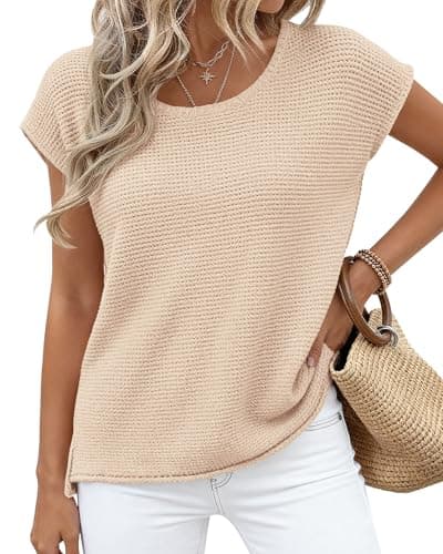 BTFBM Sweater Vest Women 2026 Spring Summer Cap Sleeve Crew Neck Casual Loose Business Tops Western Vacation Outfits(Apricot, Medium) - Thumbnail 4