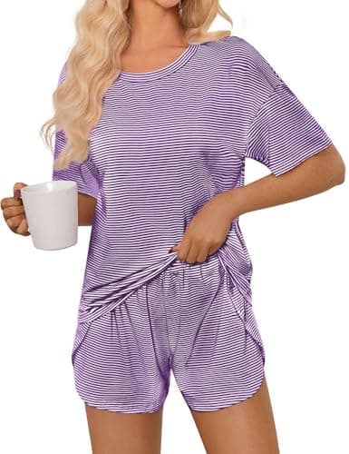 JUSTFASHIONNOW Side Split Shorts Pajama Set for Womens Two Piece Pajama Set Striped Print Crew Neck Short Sleeve Tee and Side Split Shorts Set Summer Cute Pj Sets Purple XL - Thumbnail 2