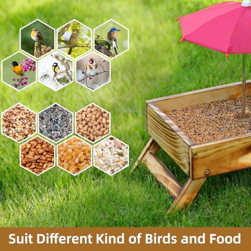 Ground Bird Feeder for Outdoors Bird&Squirrel Feeder Wooden Chicken Picnic Table Platform Feeder Wild Bird Feed Crow Feeder for Outside with 5 LBS Capacity (Brown) - Thumbnail 3