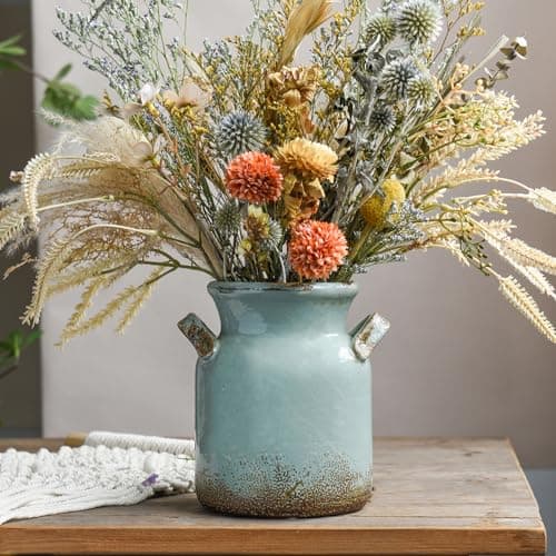Quoowiit Ceramic Rustic Farmhouse Vase, Distressed Decorative Flower Vases for Home Decor, Ideal Shelf Decor, Green Boho Vase for Living Room Bedroom Kitchen Office Centerpiece Table Decorations - Image 1