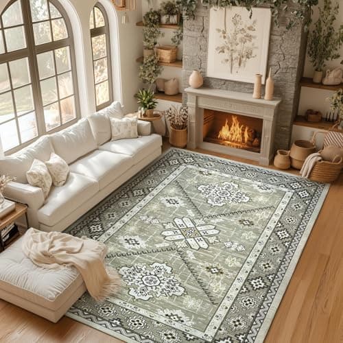 Boho Washable Area Rug 5x7, Large Soft Rugs for Living Room Farmhouse Vintage Beige Carpet 5x7 Area Rugs for Bedroom Dining Room Non-Slip Stain Resistant Under Table Rug - Image 1