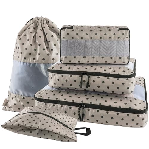 U+U 5 Set Packing Cubes for Travel Essentials Ultralight Luggage Packing Organizers with Laundry Bag and Shoe Bag for Vacation, Business Trip and Camping (Brown Polka Dot)