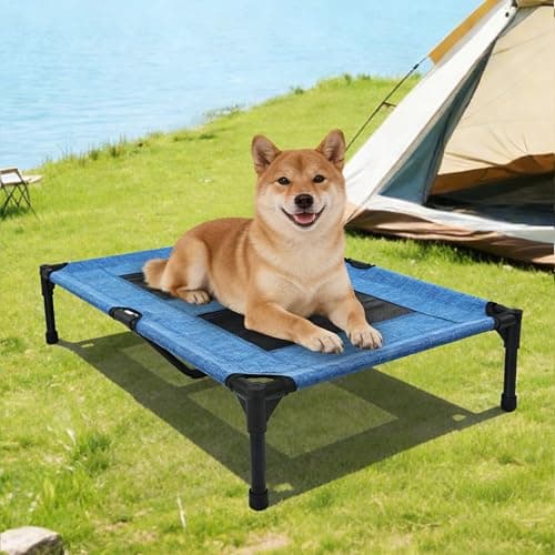 Elevated Dog Bed with Heavy-Duty Steel Frame, Breathable Mesh Cooling Surface, Easy to Clean, Portable Raised Dog Cot for Indoor & Outdoor Use,42x30x8 Inches Blue Dog Bed,Size M.