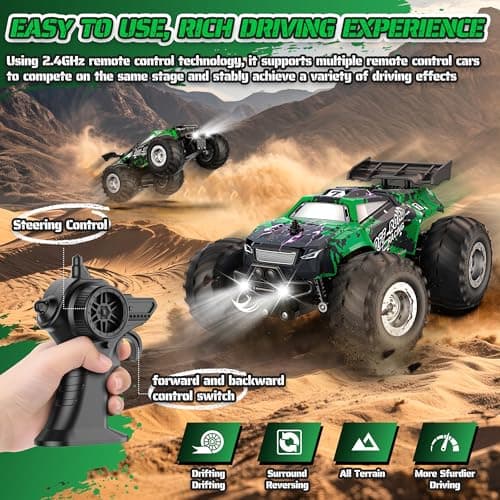 Barlisam Remote Control Car, All-Terrain Remote Control Truck for Boys 8-12, Headlight, Dual Motors, 1:20, 10KM/H, 2.4GHZ, Speed-Friendly, Sturdy, Rechargeable RC Cars for Beginner, Kids 6+(Green) - Thumbnail 4