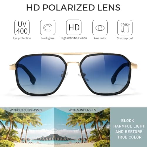 SUNGAIT Polygon Aviator Sunglasses Men Old School Style Adjustable Anti-slip Temples Polarized Lens for Driving Fishing (Matte Black & Gold Frame/Blue Gradient Lens) - Thumbnail 4