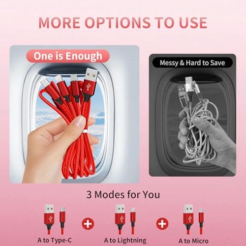 MPATIBY Multi Charging Cable, (2 Pack 4FT) Multi USB Charger Cable 3 in 1 Charging Nylon Braided Fast Charging Cord with Type-C, Micro USB, IP Port for Most Phones/iPhones/Tablets, Red - Thumbnail 3