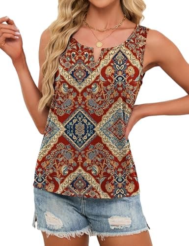 JUSTFASHIONNOW Boho Tank Tops for Women V Neck Sleeveless Tops Dressy Casual Blouses Work Shirts Summer Beach Vacation Clothes(Wine Red, X-Large) - Thumbnail 5