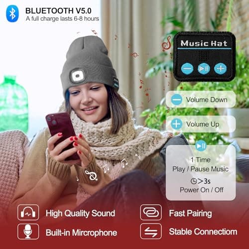 SYMNTEM Rechargeable Bluetooth Music Unisex Beanie Hat with Light for Hiking, Camping, Running, Beanie Headlamp, Gifts for Men, Women, Dad, Him, Her, Husband, Birthday Gifts for Men, Grey - Thumbnail 2