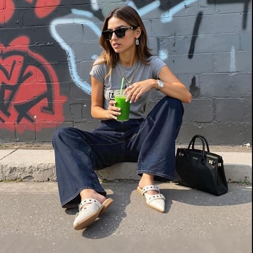 Grakihily Buckle Flats for Women Pointy Toe Wide Welt Buckled Mules Low Block Heel Slippers Mary Jane Shoes Comfortable Ballerina Flats - Thumbnail 6