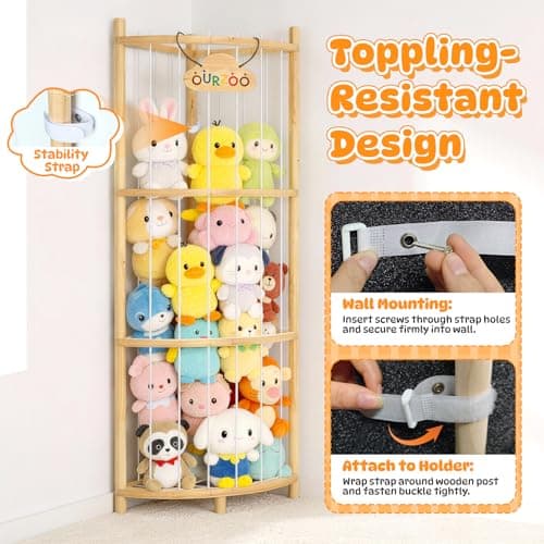 Wooden Stuffed Animal Storage Corner Organizer with Stability Strap, Space-Saving 1/4 Circular Plushie Holder for 30+ Plushies,Stuffed Animal Zoo Tower for Livingroom Organizer and Storage - Thumbnail 3