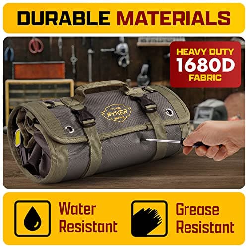 The Ryker PRO Official Roll Up Tool Bag Organizer Gifts for Dad. Motorcycle Tool Bag Organizer for Mechanic & Tools Storage Toolbag Tools Bags Mens gifts for him - w/4 Detachable Pouches & Wrench Roll - Thumbnail 6
