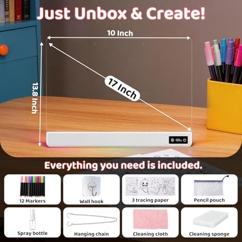 17 Inch Rechargeable LED Drawing Board for Kids, Upgraded 15 Colors Light Up Doodle Pad, Anti-Scratch PVC, Flicker-Free Eye Care, Includes Tracing Cards & 12 Markers, Gift for Girls Kids (White) - Thumbnail 3