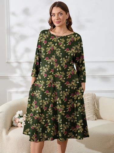 AusLook Women's Plus Midi Dresses Crew Neck A Line 3/4 Sleeves Casual Elegant Loose Flowy Wedding Guest Maternity Vacation Beach Yellow Leaves Rose 2X Dress with Pockets - Thumbnail 2