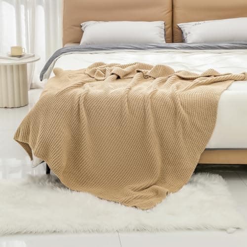 bearberry Soft Rib Knit Blanket Thin Warm & Breathable - Snuggly Minky Throw for Everyday Use, Travel, Chair | All-Season Machine Washable for Couches, Gifts, Family (Camel, 50”x60”) - Thumbnail 4