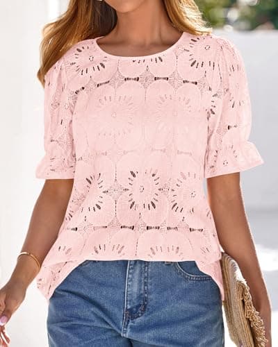 KIRUNDO Lace Tops for Women Blouses Dressy Casual Boho Eyelet Puff Short Sleeve Shirts Spring Summer Clothes Vacation Outfits(Pink, Medium) - Thumbnail 3