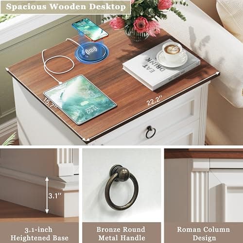 HUAHUU Farmhouse Nightstand Set of 2, Side Table with Wireless Charging Station, Wood Rustic End Table with Roman Column & Metal Handle for Bedroom, White - Thumbnail 5